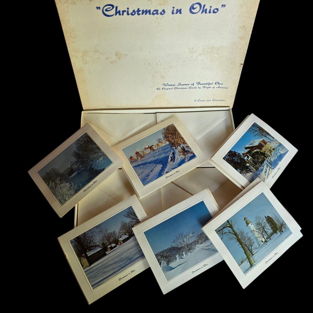 Vtg Bright of America 12 Christmas In Ohio Cards Stationary w Envelopes, Box